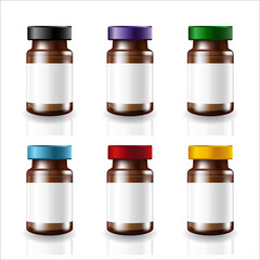 Blank brown glass medical vaccine vials white labels with 6 colors metal caps mockup template.