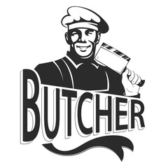 Butcher in uniform with a butcher knife silhouette