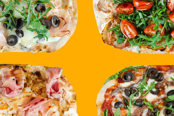 Pinsa romana gourmet italian cuisine on yellow background. Scrocchiarella traditional dish. Food...