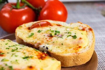 Two delicious sandwiches with melted cheese and herbs on a saucer. A quick snack.