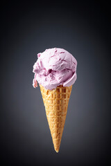 Ice cream in waffle cone.