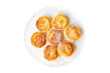 cheesecake breakfast syrniki dessert curd cottage cheese pancakes healthy meal top view copy space rustic food background image