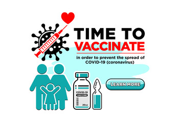 Stop sign coronavirus crossed out by syringe. Family with child, covid-19 vaccine in a bottle and ampoule. Global vaccination, learn more from landing page. Vector on transparent background.