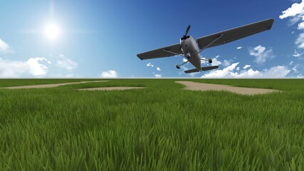 3D illustration - cinemagraph -  green field with airplane in background - obrazy, fototapety, plakaty