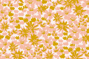 Garden of painted flowers in three colors forming solid color blocks. Simple floral seamless vector pattern in pink, yellow, white. Great for home décor, fabric, wallpaper, gift-wrap, stationery, etc.