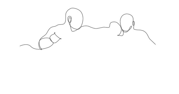 Self drawing animation of continuous line drawing of two boxers fighting. Concept of sport, competitive combat.Black line on white background.