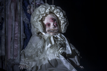 Scary dead doll with three eyes. Terrible monster. Scary portrait in the horror room.