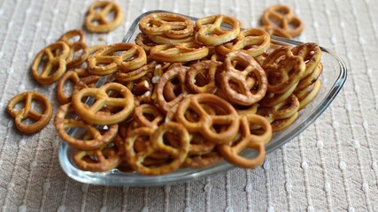 Salty pretzels  in a glass bowl