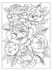 Coloring page with peonies and leaves. Vector page for coloring. Flower Colouring page. Floral print. Outline peonies. Black and white page for coloring book.  © Xenia