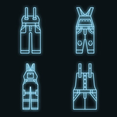 Fototapeta premium Overalls icon set. Outline set of overalls vector icons neon color on black