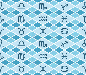 Vector seamless pattern with astrological symbols, color zodiacal signs' background