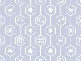 Vector seamless pattern with astrological symbols, color zodiacal signs' background