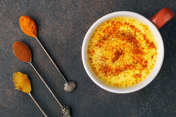 Turmeric Latte or Golden Milk, curcuma, cinnamon, honey