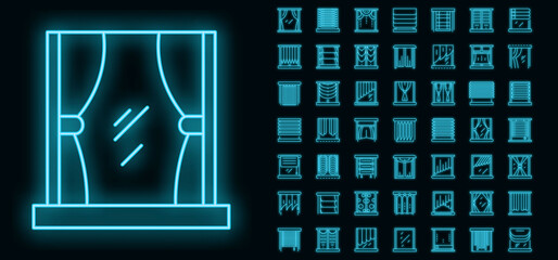 Blind window icon set. Outline set of blind window vector icons neon color on black