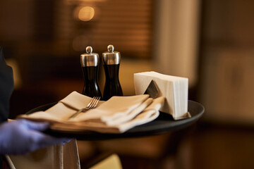 Waiter tray with napkins and essential table supplies