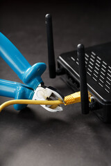 Cutting and disconnecting the network Internet connection with cutting pliers.