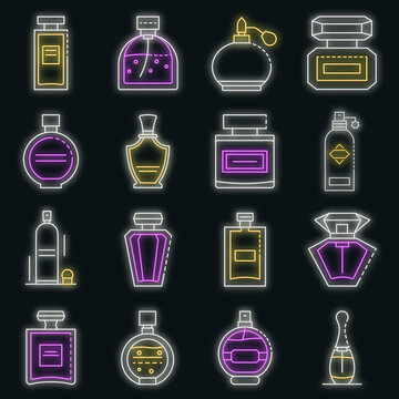 Fragrance Bottles Icons Set. Outline Set Of Fragrance Bottles Vector Icons Neon Color On Black