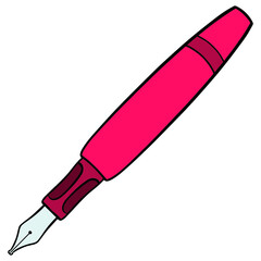 inks fountain pen with red handle. comic illustration, vector, school.