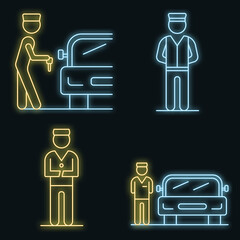 Valet icons set. Outline set of valet vector icons neon color on black