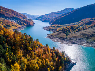 Fototapeta premium Aerial view of colorful forest trees and turquoise lake in the autumn season. Blue Lake and Autumn Forest Landscape Travel Concept. Fall forest and lake with colorful trees from above. October. 
