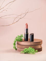 A new lipstick concept with natural ingredients: wood, moss. Powdery background