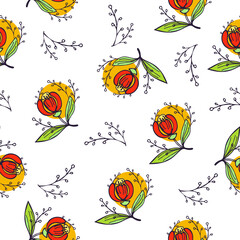 Seamless floral vector pattern with branches. Red blooming buds and green leaves on orange spots. Delicate and cheerful pattern for textiles, dresses, clothes, wrapping paper.