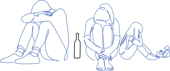 Alcohol and the family. Visualization of alcohol dependence. Family. The problem of alcoholism. A drunk man. A mother with a Child Away from a Drunken Father. The concept of a linear drawing