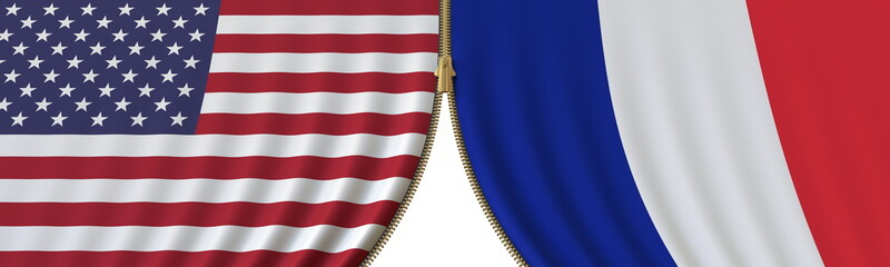 United States and France cooperation or conflict, flags and closing or opening zipper between them. Conceptual 3D rendering