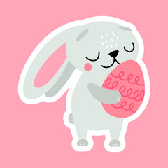 Cute sticker Easter bunny with eggs. Vector illustration isolated.