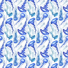  Seamless pattern of jellyfish. Colored watercolor illustration of medusa.  Draw for  tattoo design, creating fabrics, textile, decoupage, wallpapers, print, gift wrapping paper, invitations.