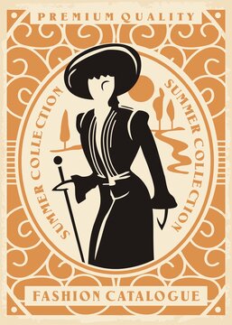 Vintage fashion catalogue cover with elegant lady from 1900s. Early century clothing boutique  poster graphic. Woman figure with fashionable hat retro ad.
