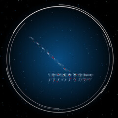 The rake symbol filled with white dots. Pointillism style. Some dots is red. Vector illustration on blue background with stars
