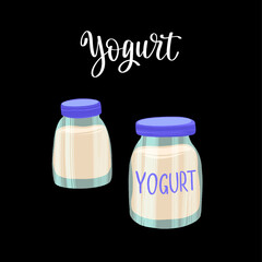 Fresh and tasty natural yogurt in the glass bottles. Healthy nutrition product.