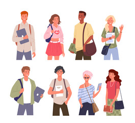 Student young multinational people diversity vector illustration set. Cartoon young man woman diverse characters standing in row and waving, holding laptop, books and textbooks isolated on white.