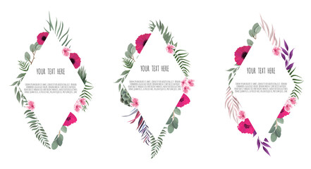 Vector set floral design card. Greeting, postcard wedding invite template. Elegant frame with rose and anemone