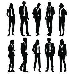 Vector silhouettes of  men and a women, a group of standing  business people, black  color isolated on white background