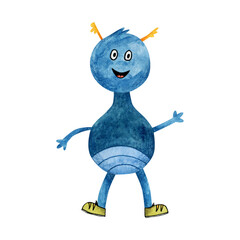Watercolor illustration of a cute blue alien. Children's picture of a humanoid. Isolated on white background.