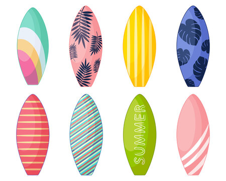  Surfboards set. Cartoon collection of vector illustrations in vintage style. Isolated on a white background.
