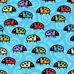 Cute Multicolor Smiling Ladybug Repeat Pattern On a swirly Blue Background