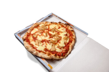Food in take away or delivery box, pizza with tomato mozzarella sauce and porcini mushrooms. Isolated on white, copy space