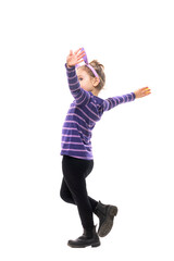 Side view of carefree playful young girl running like flying with open arms. Full body isolated on white background
