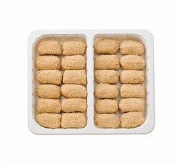 Uncooked croquettes in plastic package