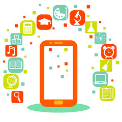 Online education with the concept of e-learning. School and University icons in flat design.