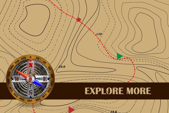 Travel. Explore more and azimuth compass and map. The background of the route on the contour map. Tourism and travel symbol.