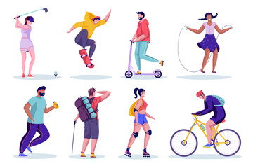 Collection of active characters. Making sports. Woman and man spending time outdoor. Playing golf, rope jumping, running, hiking, cycling, rollerblading. Vector characters in flat cartoon style.