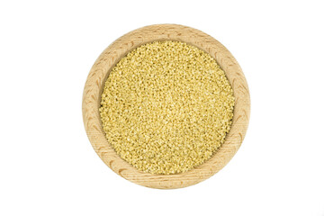 Couscous in wooden bowl on white background top view