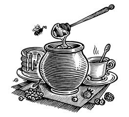 Honey still life, vector illustration. Vintage graphics and handwork. The а pot of honey, a bee, a cup of tea, pancakes and berries A collection of farm products.