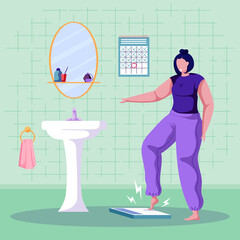 Surprised woman standing on scales in the bathroom. Plus size girl dressed in home clothes. Trying to lose weight. Cartoon female character. Colorful vector illustration. 
