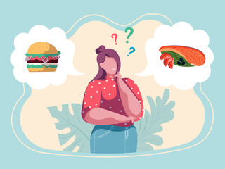 Woman choosing menu. Girl making a decision what to eat. Healthy vs unhealthy. Junk food versus balanced food. Nutrition. Colorful vector illustration. Flat cartoon style.