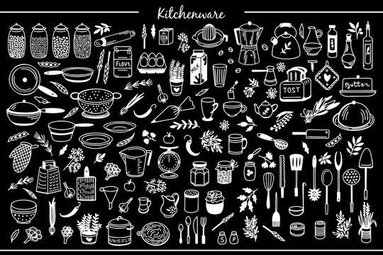 Kitchenware Vector set. Tool and ware collection. Hand drawn, doodle cooking icons. Cookware chalkboard. Template, banner for design, menu, restaurant, cafe, bakery, wallpaper, recipe card, cookbook. 